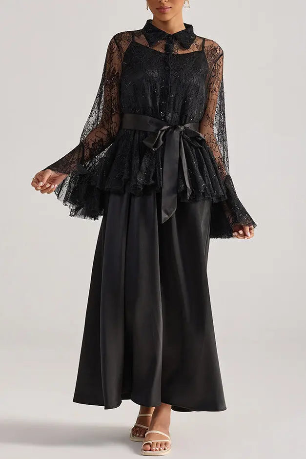 Tiffany Black Lace Bell-Sleeve Ruffle Embroidered top maxi skirt set Avalabel