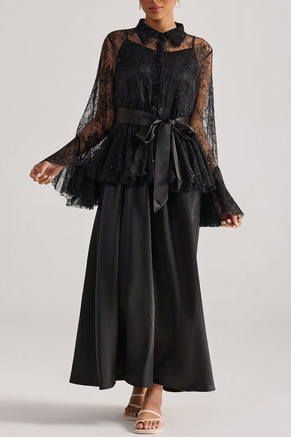 Tiffany Black Lace Bell-Sleeve Ruffle Embroidered top maxi skirt set