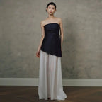 Satin Spliced tulle  strapless maxi dress in black and white Avalabel