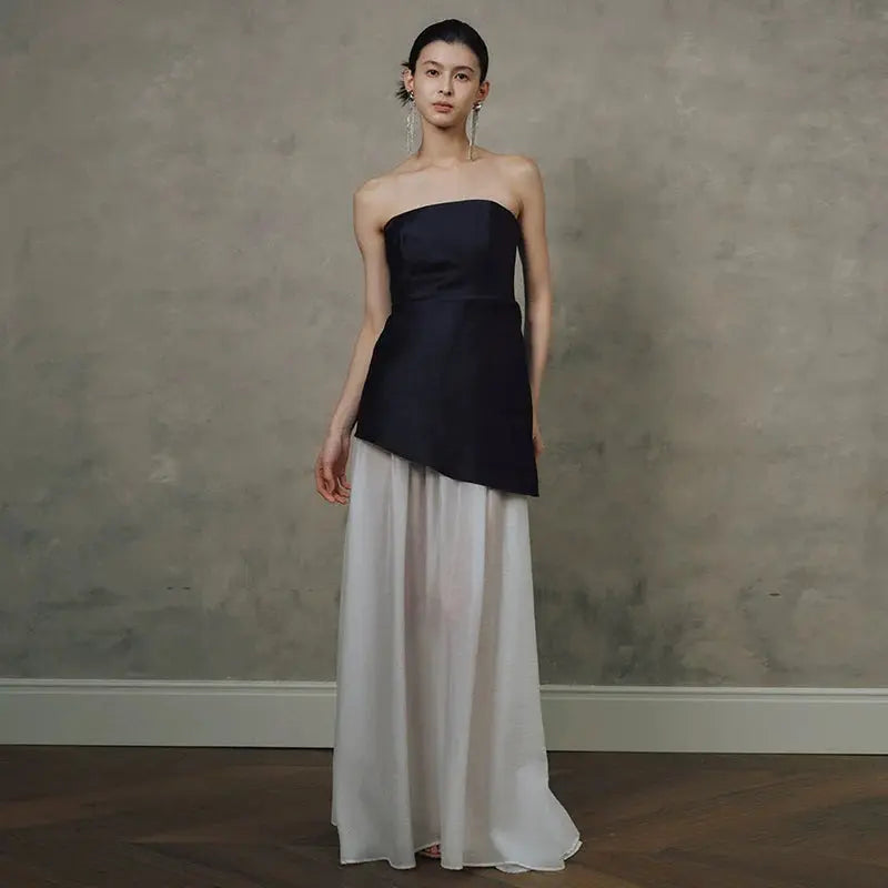 Satin Spliced tulle  strapless maxi dress in black and white Avalabel