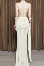 Carol Ruched Halter Bodycon Maxi Dress in White Avalabel
