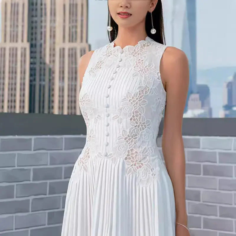 nancy lace embroidery pleated midi dress in white Avalabel