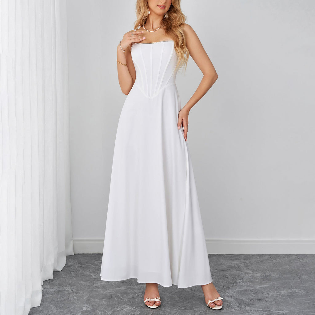 Lace Trim Corset Spaghetti Strap Flowy Maxi Dress poava