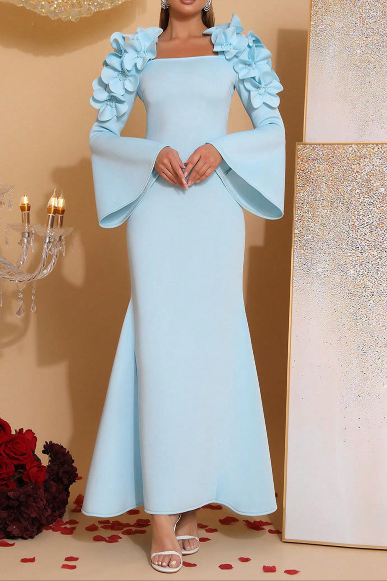 Cynthia 3D Flower Long Sleeve Bodycon Maxi Dress in Blue Avalabel