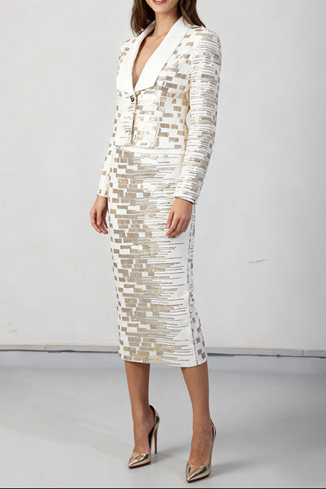 high-waisted skirt Gold sequin print blazer suit in white Avalabel