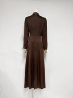 beulah Long sleeves with beading pleated maxi dress in brown Avalabel