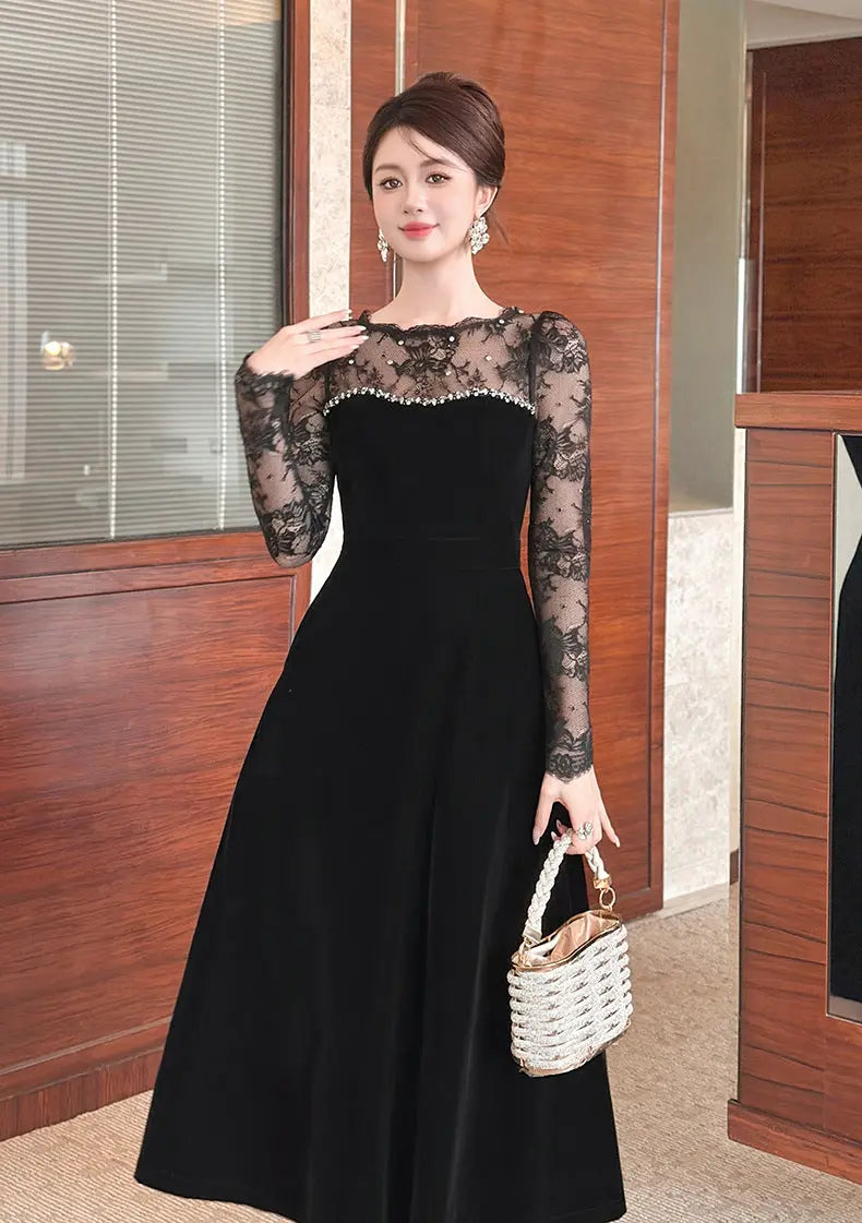 Tiffany Lace Hollow Sleeve Rhinestone Velvet Maxi Dress in Black Avalabel