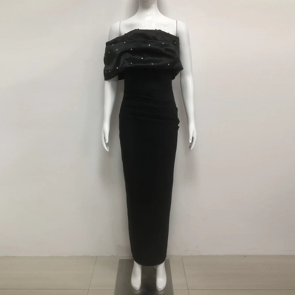 rosemary Black Pearl Embellished Draped strapless maxi dress Avalabel