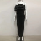 rosemary Black Pearl Embellished Draped strapless maxi dress Avalabel