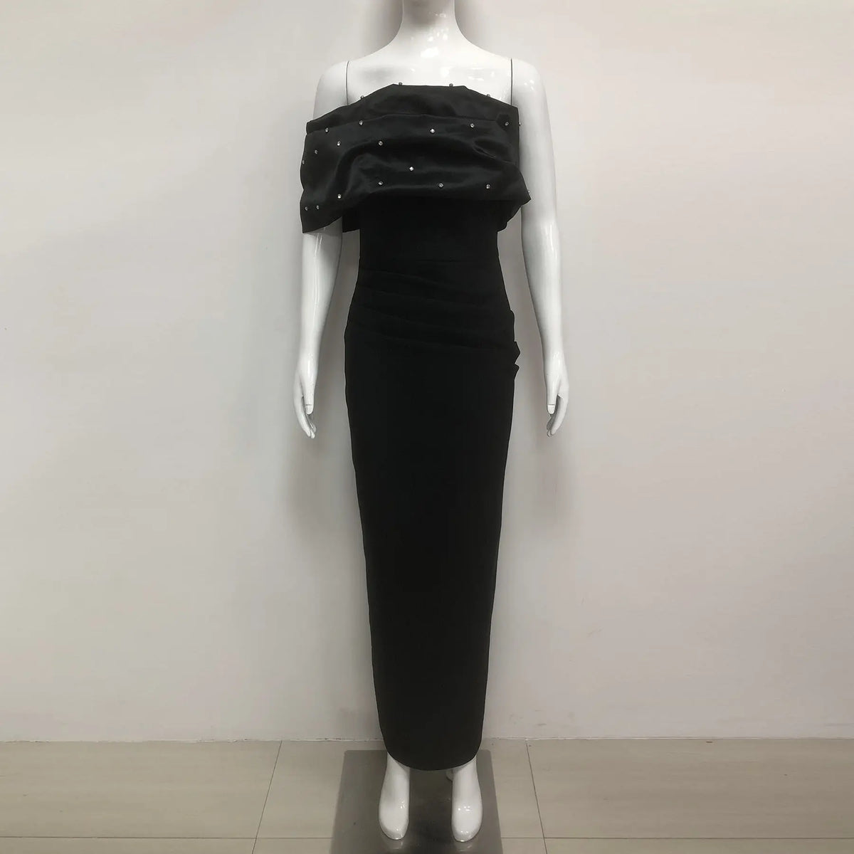 rosemary Black Pearl Embellished Draped strapless maxi dress Avalabel