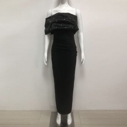 rosemary Black Pearl Embellished Draped strapless maxi dress