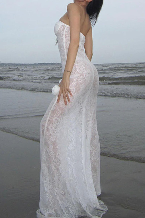 Sheer Lace Strapless Dress with Three-Dimensional Floral Fishtail Skirt - White Avalabel