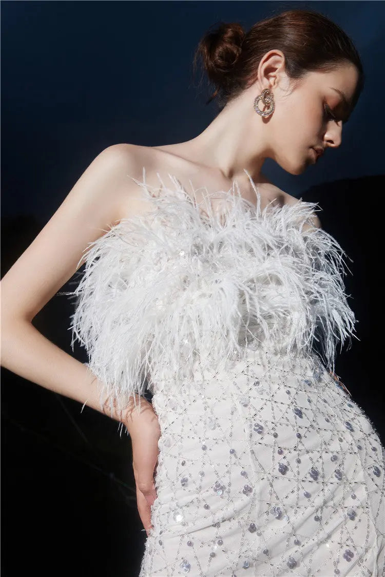 Masa White Haute Couture Feather Sequin Dress Avalabel