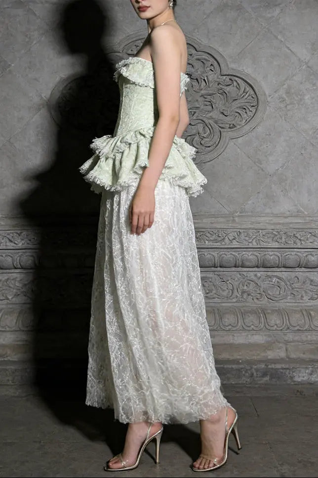 tiffany fitted lace-paneled Strapless maxi dress in green Avalabel