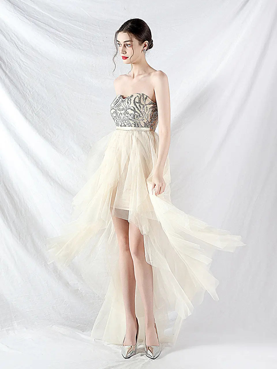 strapless sequin tulle midi dress Avalabel