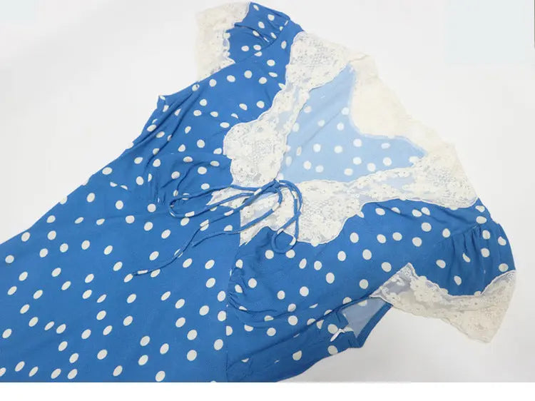 Lyuba Polka Dot Lace-Trimmed V-Neck Maxi Dress in Blue Avalabel