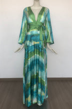 Green Multicolor Floral Print Puff Sleeve Maxi Dress Avalabel