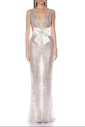 rebecca bow sequin embellished v neck maxi dress in silver Avalabel