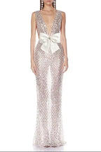 rebecca bow sequin embellished v neck maxi dress in silver Avalabel