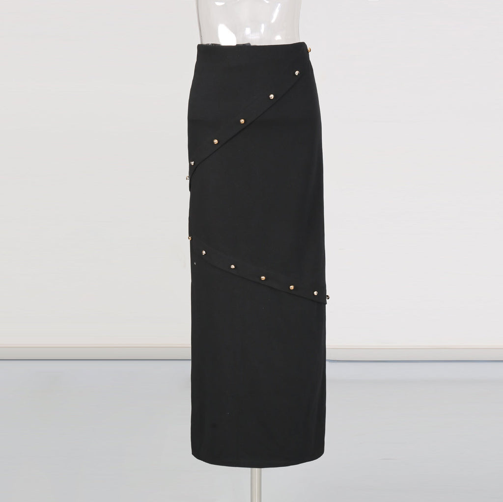 Button-embellished cotton-jersey top maxi skirt suit in black Avalabel