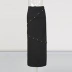 Button-embellished cotton-jersey top maxi skirt suit in black Avalabel
