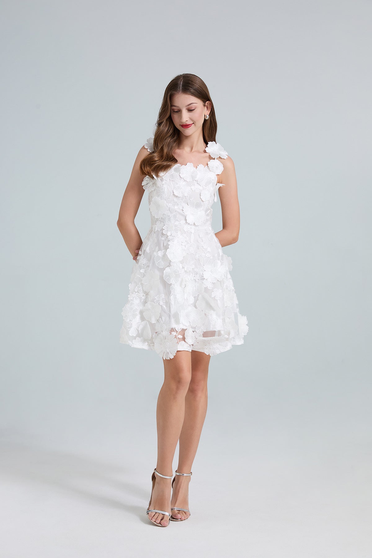 Georgia 3d Floral Lace Mini Dress in White Avalabel
