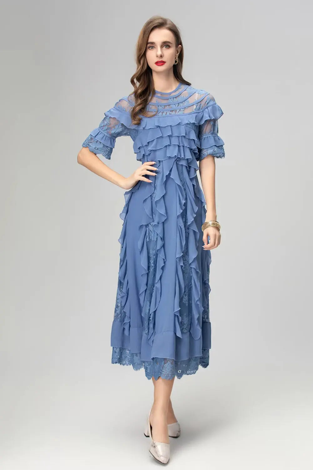lorraine lace ruffle trim midi dress in blue Avalabel