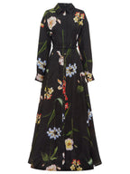 Black Floral Print Belted Shirt Maxi Dress with Slit Avalabel