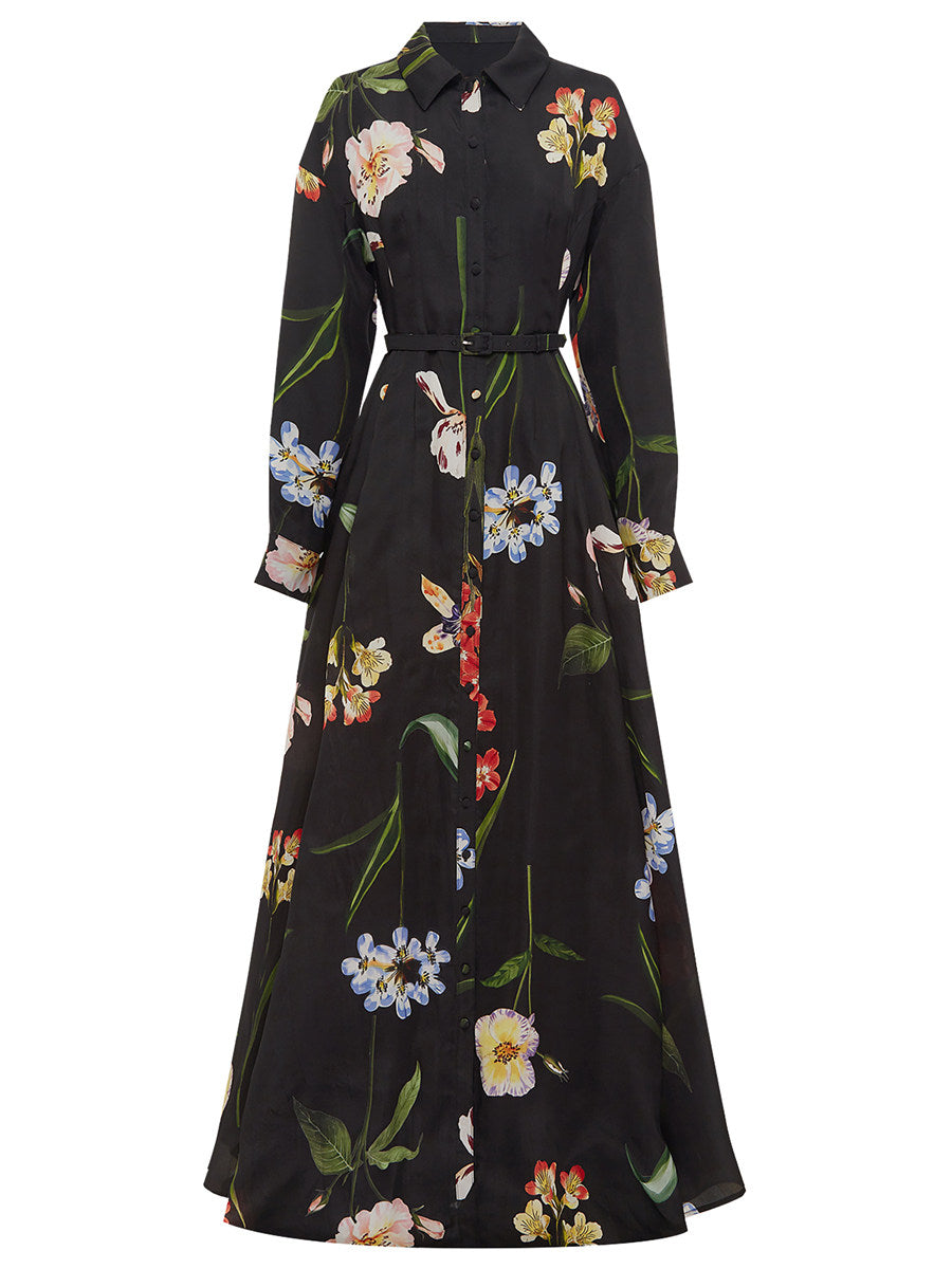 Black Floral Print Belted Shirt Maxi Dress with Slit Avalabel
