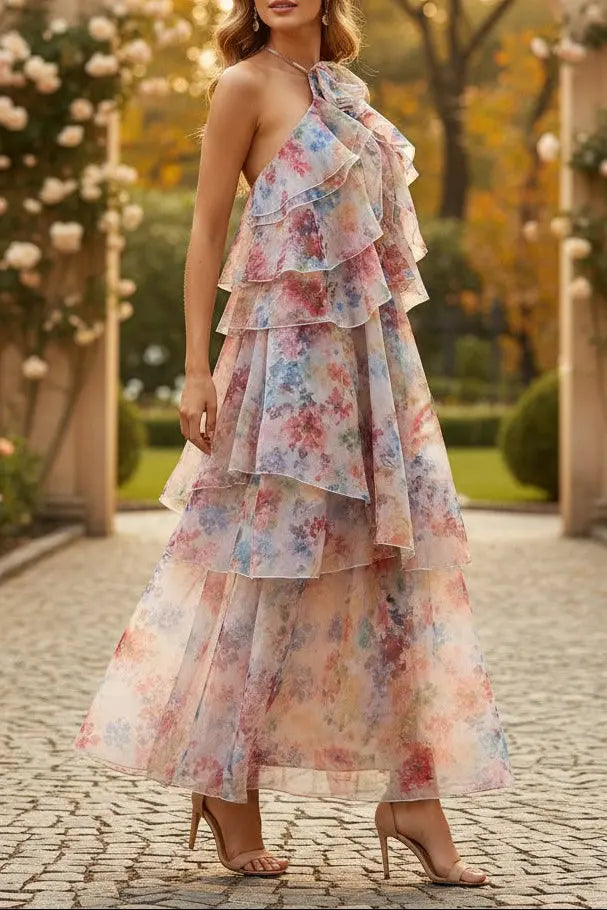 susie multicolor floral print layer halter midi dress Avalabel