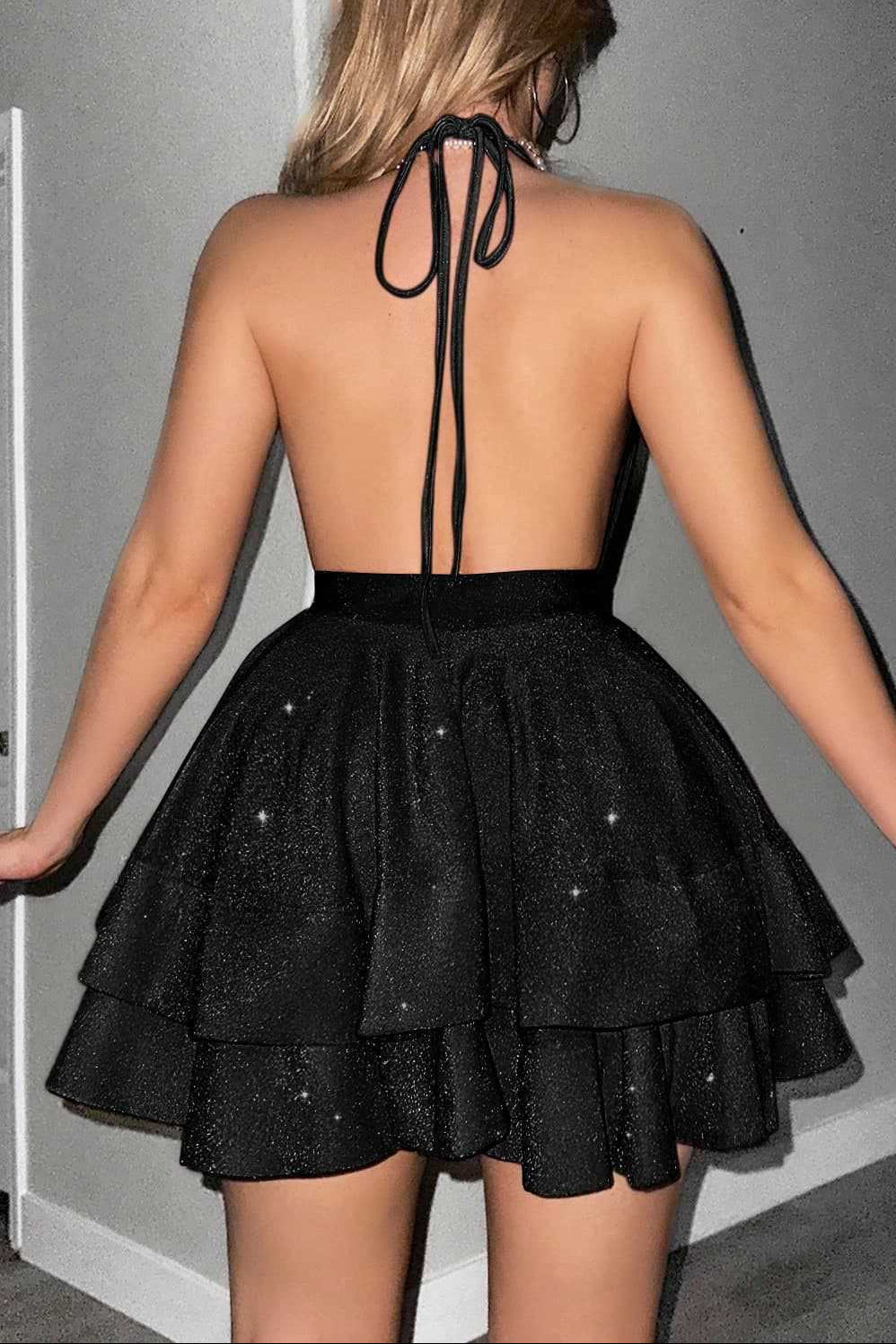 virginia A Line Halter  Tiered mini Dress in black Avalabel