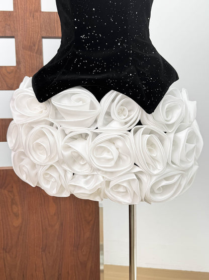 Doris 3D Flower Sequin Strapless Mini Dress in Black