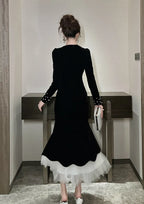 zona black Beaded irregular hem velvet fishtail maxi dress Avalabel