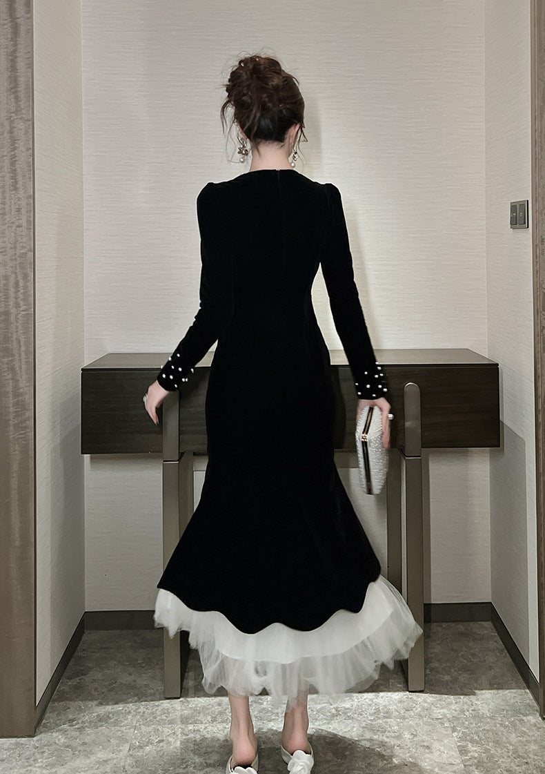 zona black Beaded irregular hem velvet fishtail maxi dress
