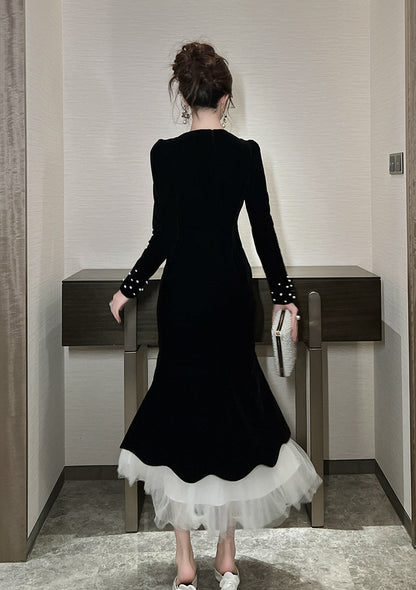 zona black Beaded irregular hem velvet fishtail maxi dress