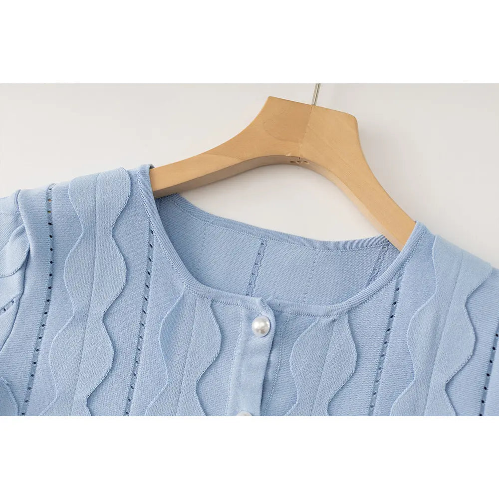 blue geometric circle pattern cardigan skirt two-piece set Avalabel