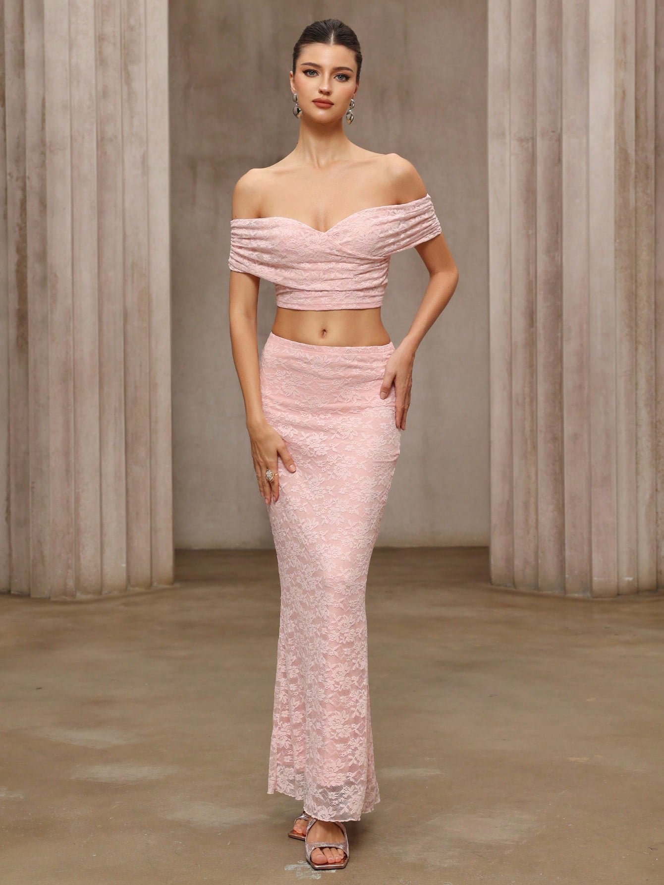 alice Pink lace off-shoulder top and skirt set Avalabel