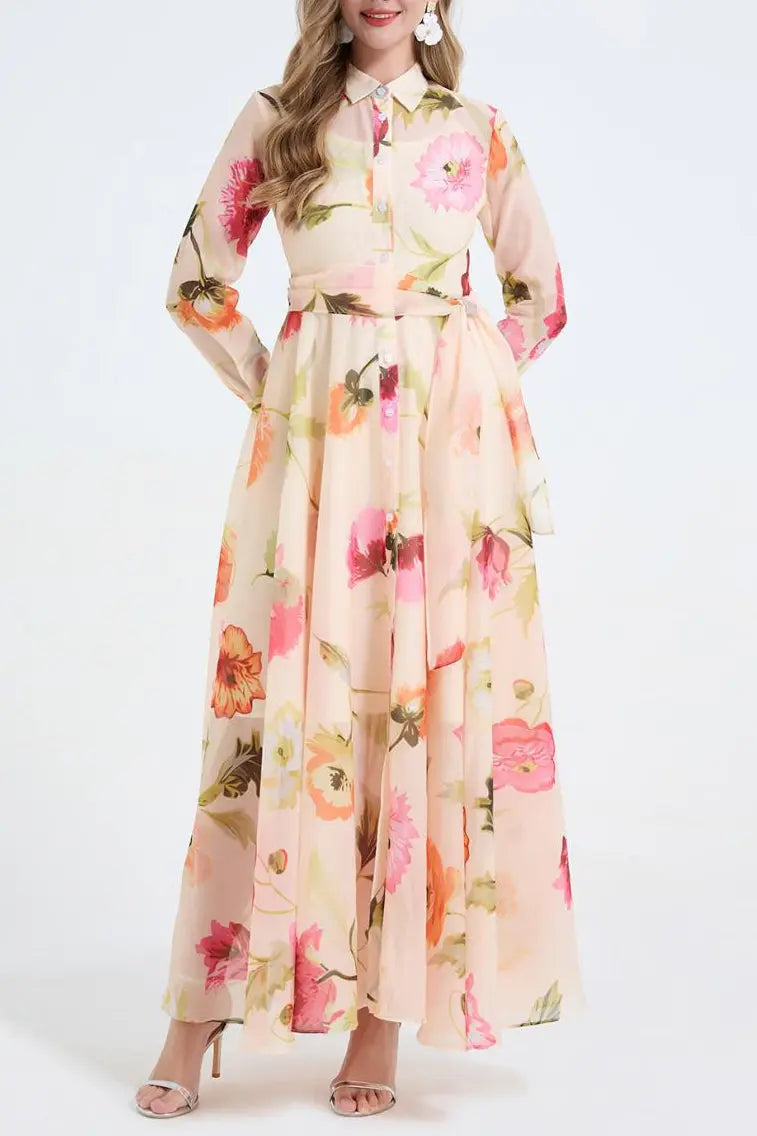 Dolores Colorful Floral Print Shirt Collar Maxi Dress Avalabel