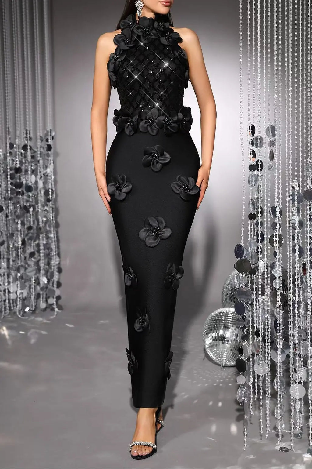 Phoenix 3D Flower Sequin Halter Bandage Maxi Dress in Black Avalabel