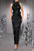 Phoenix 3D Flower Sequin Halter Bandage Maxi Dress in Black Avalabel