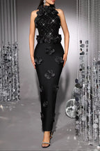 Phoenix 3D Flower Sequin Halter Bandage Maxi Dress in Black Avalabel