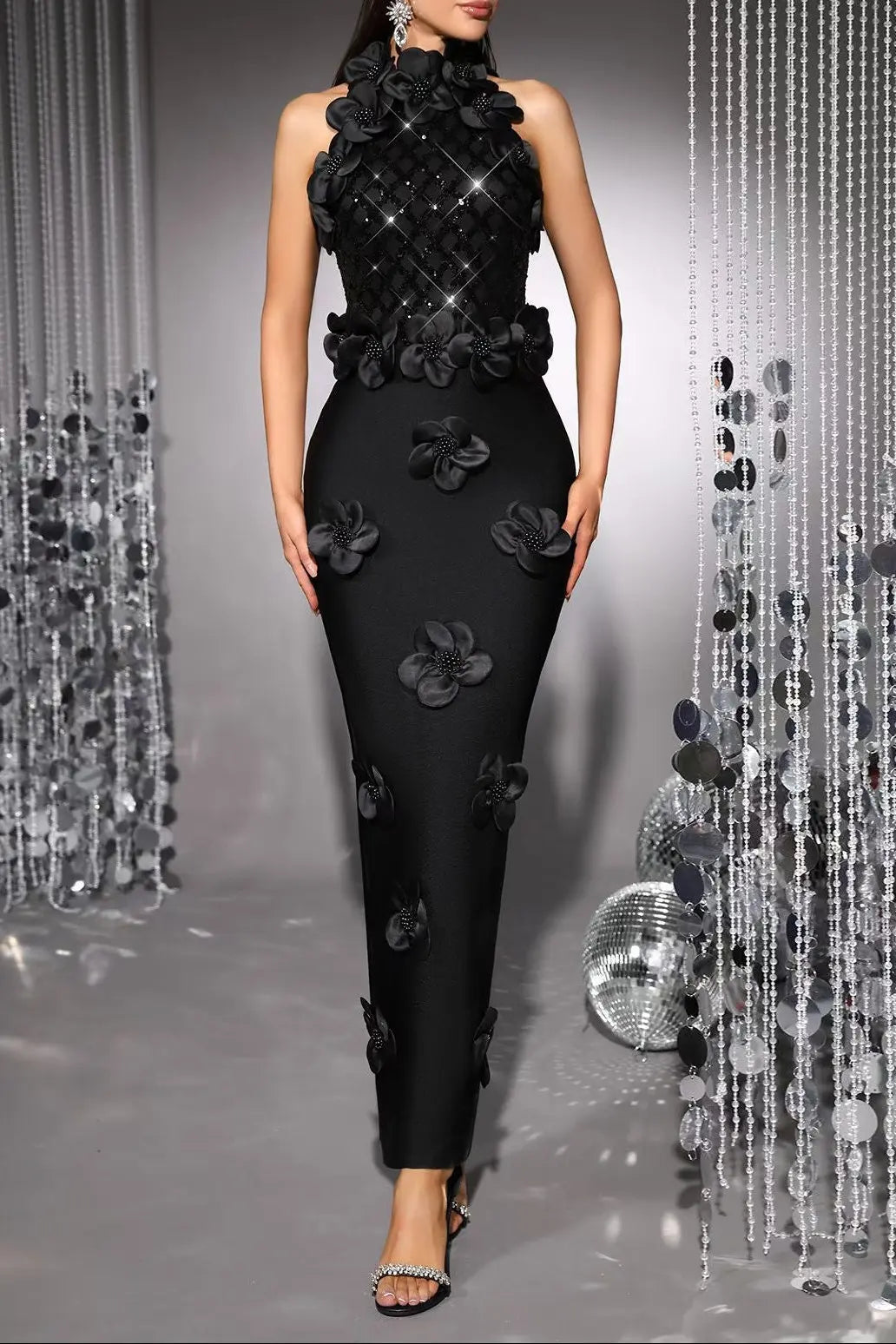 Phoenix 3D Flower Sequin Halter Bandage Maxi Dress in Black Avalabel