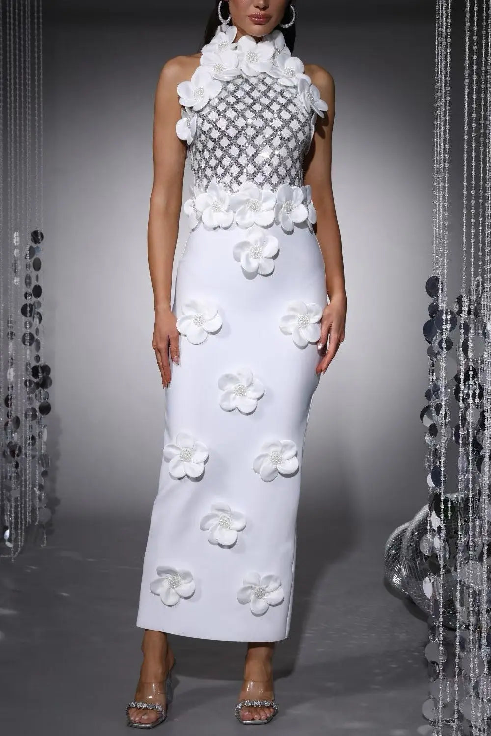 Phoenix 3D Flower Sequin Halter Bandage Maxi Dress in White Avalabel