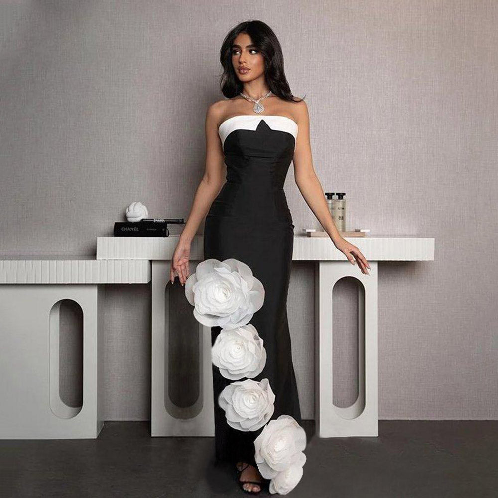 Makala 3d Flower Fishtail Maxi Bandage Dress in black Avalabel