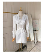 alyssa Deep V See-Through Fishbone Pleated Hip blazer mini dress in white Avalabel