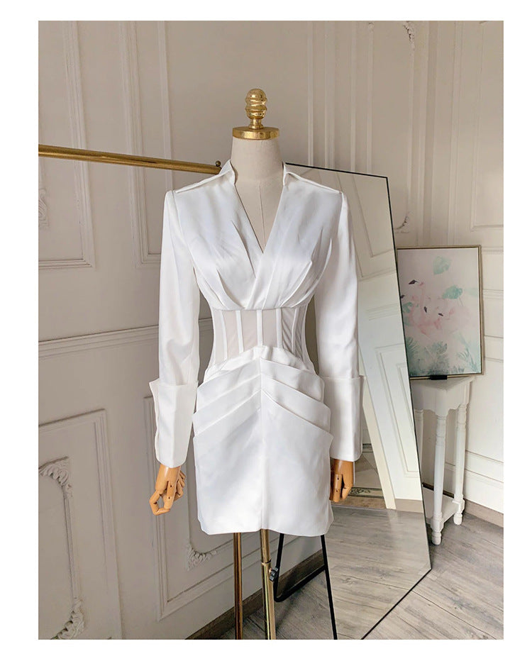 alyssa Deep V See-Through Fishbone Pleated Hip blazer mini dress in white Avalabel