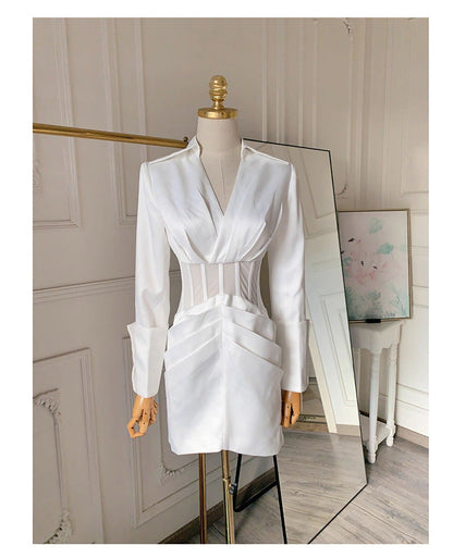 alyssa Deep V See-Through Fishbone Pleated Hip blazer mini dress in white