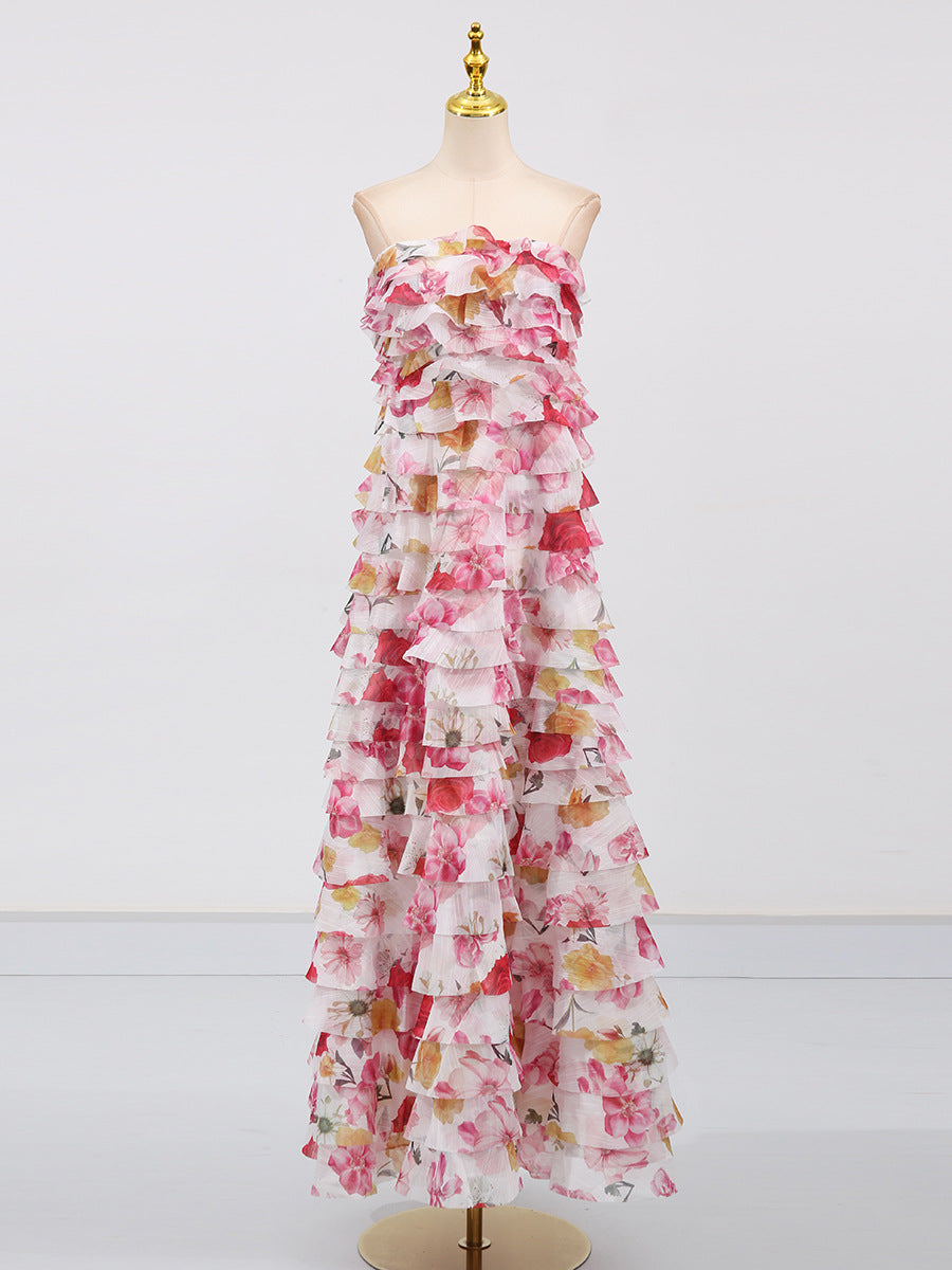 Cathy Floral Print Pleated Layer Strapless Maxi Dress in Pink Avalabel