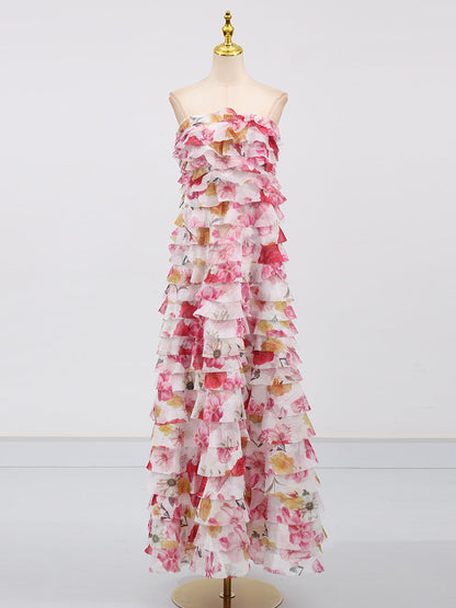 Cathy Floral Print Pleated Layer Strapless Maxi Dress in Pink