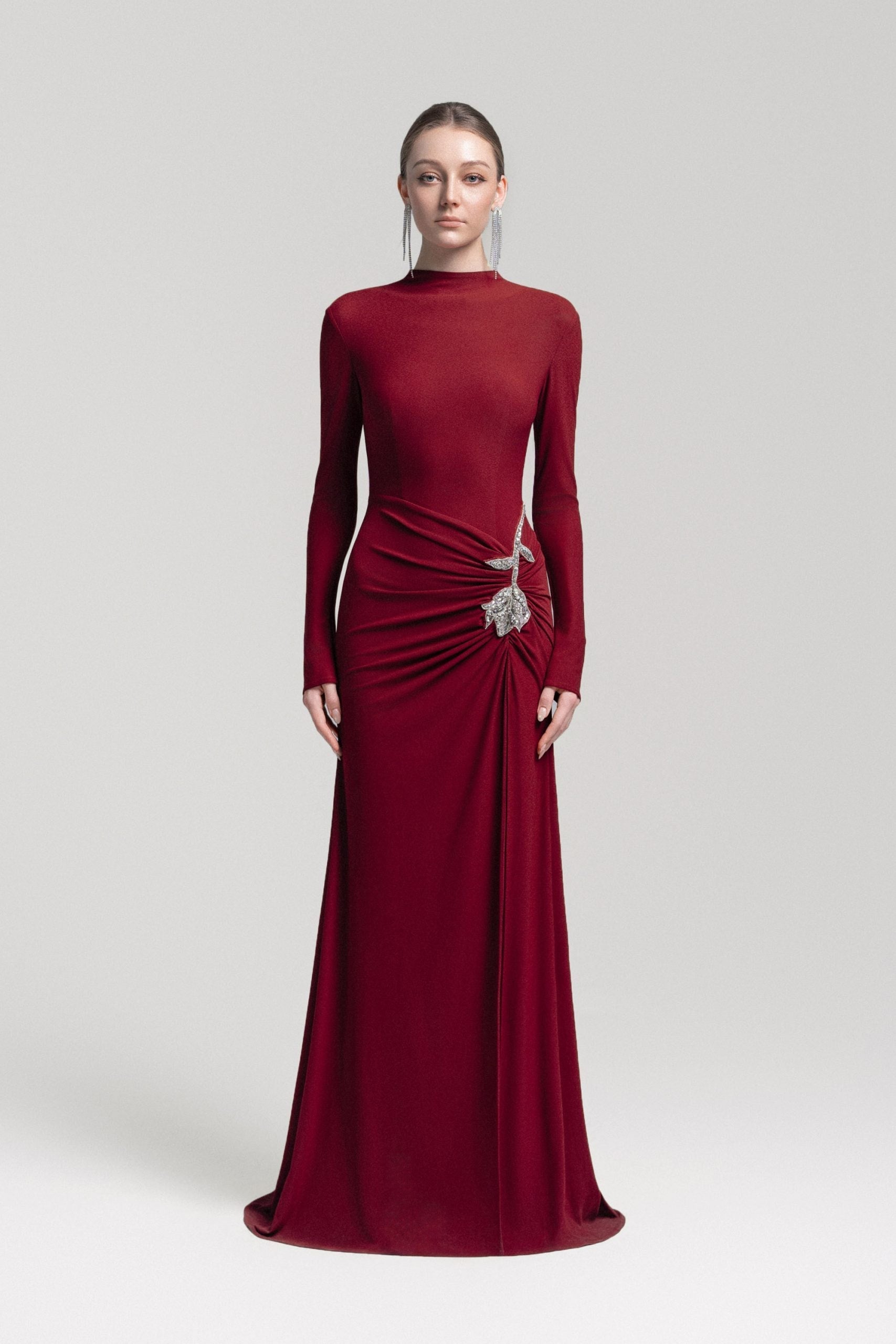 hedwig rose embellished gathered sheath gown in red Avalabel
